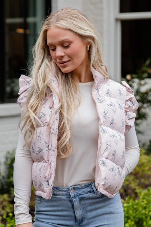 Blush Floral Ruffle Puffer Vest